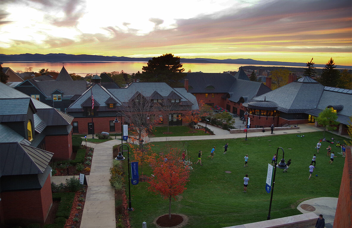 Aerial view of Champlain College campus at sunset