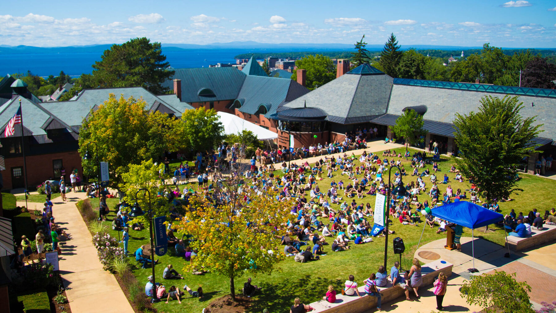 Aerial view of Champlain College with Lake Champlain in background